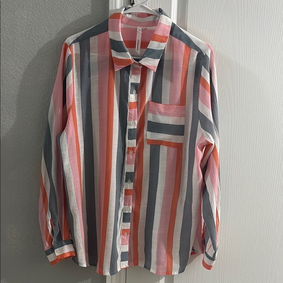 NY Collection Pink and Gray Casual Button Down Shirt - Picture 1 of 6